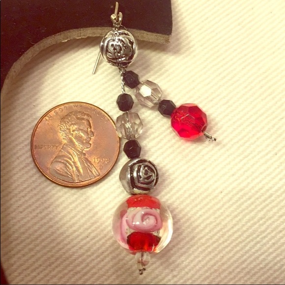 Red black clear BoHo OOAK glass retro pierced dangle sexy RETRO hippie earrings - Picture 4 of 17